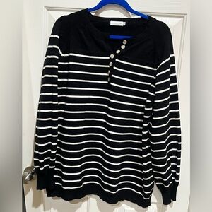 CHICSOUL Black and White Striped QUATER BUTTON PULLOVER SWEATER, MOMCORE SZ 3XL